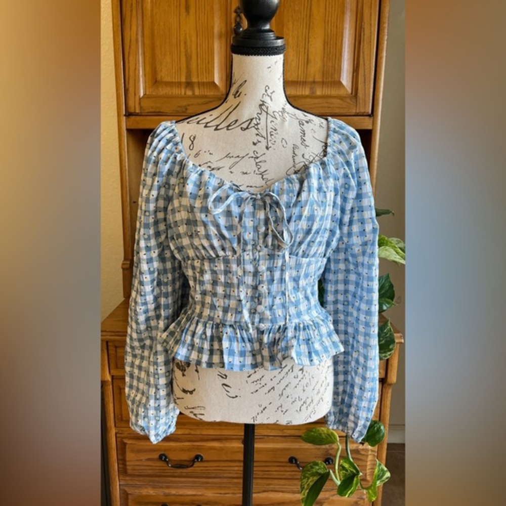 Rose and Grey Blue‎ Gingham Floral Peplum Top Milkmaid Puff Sleeve Blouse Medium